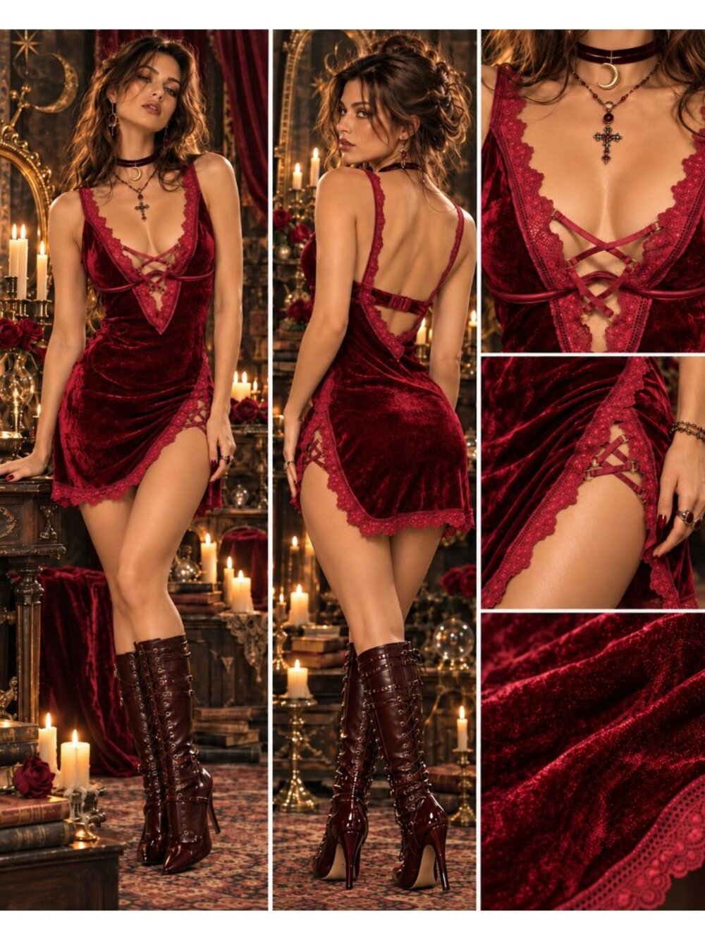 Whimsigoth Y2K Velvet Mini Slip Dress Fredericks of Hollywood M Burgundy Strappy